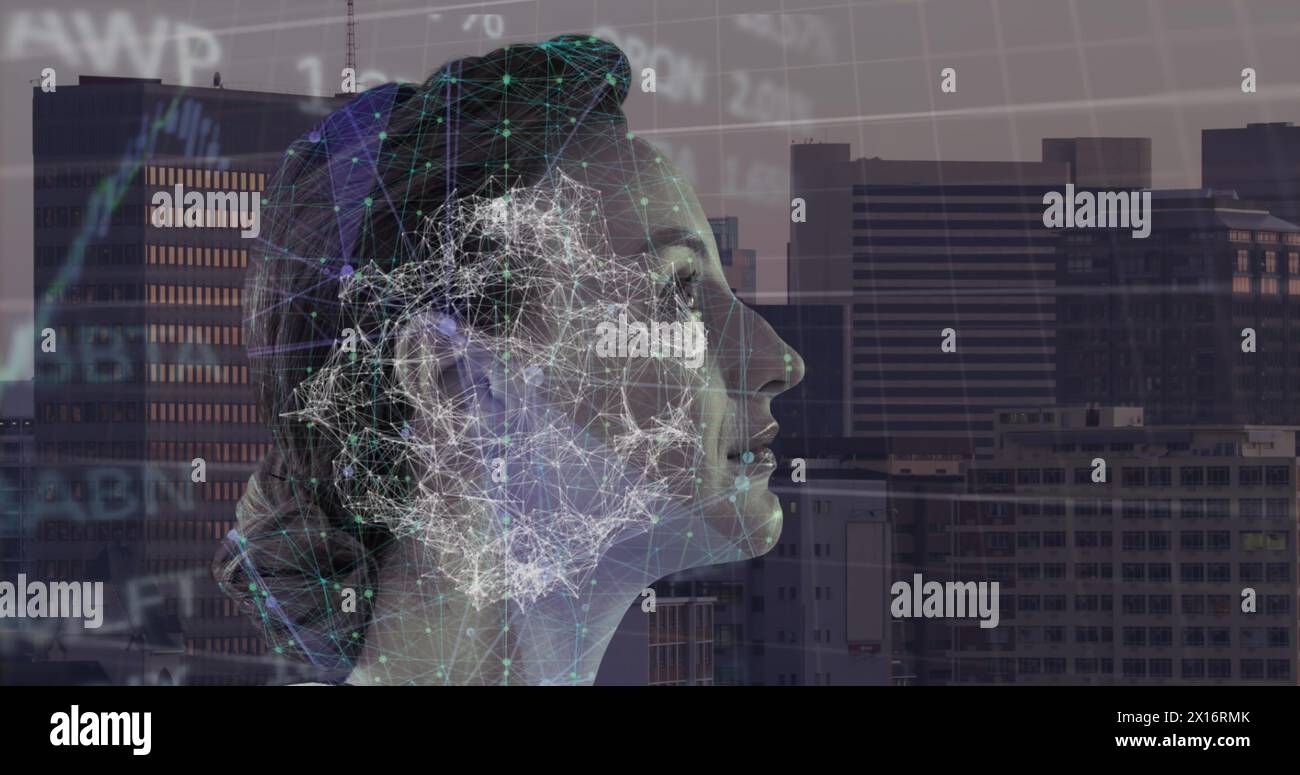Image of financial data processing over female face Stock Photo