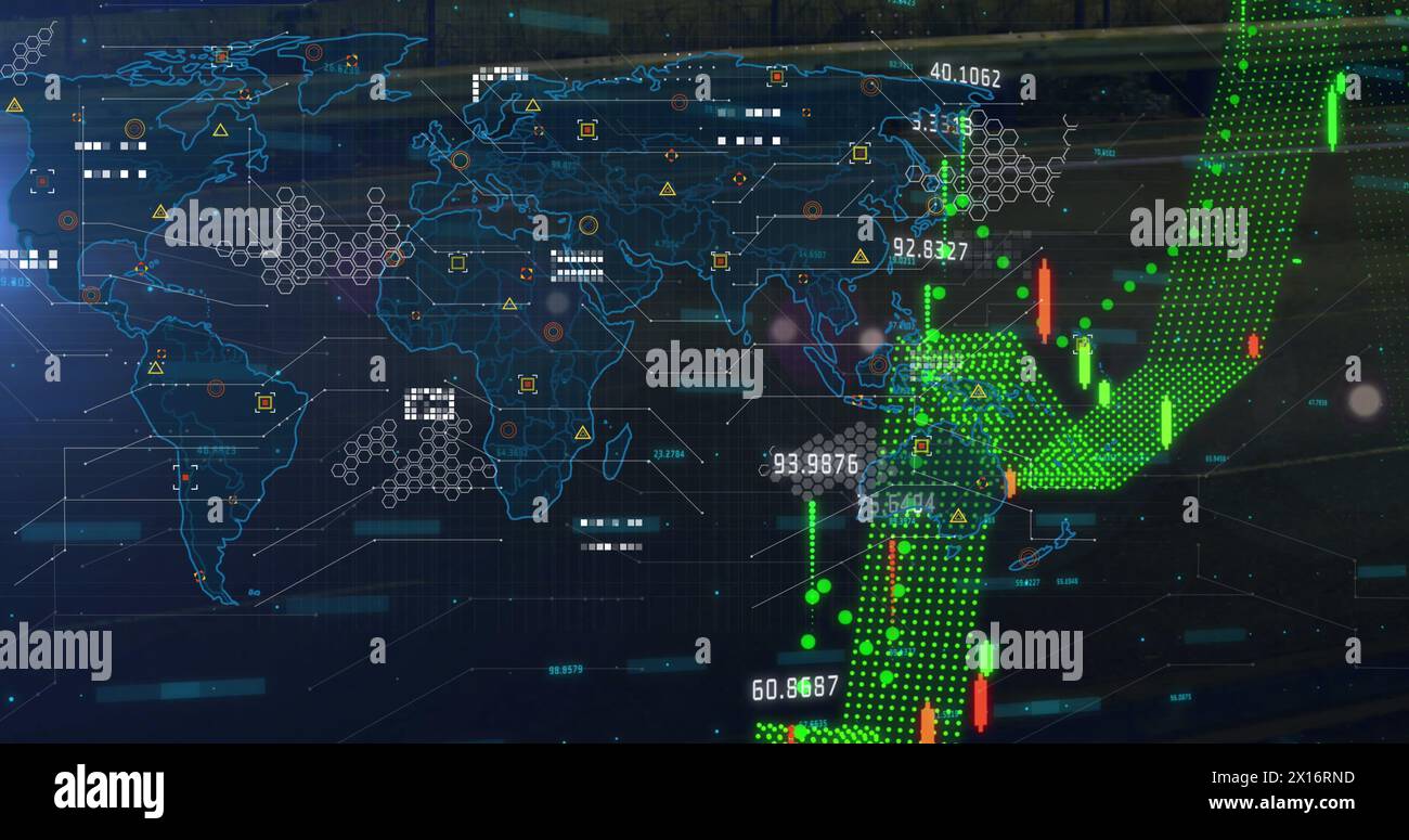 Image of data processing over world map on black background Stock Photo ...