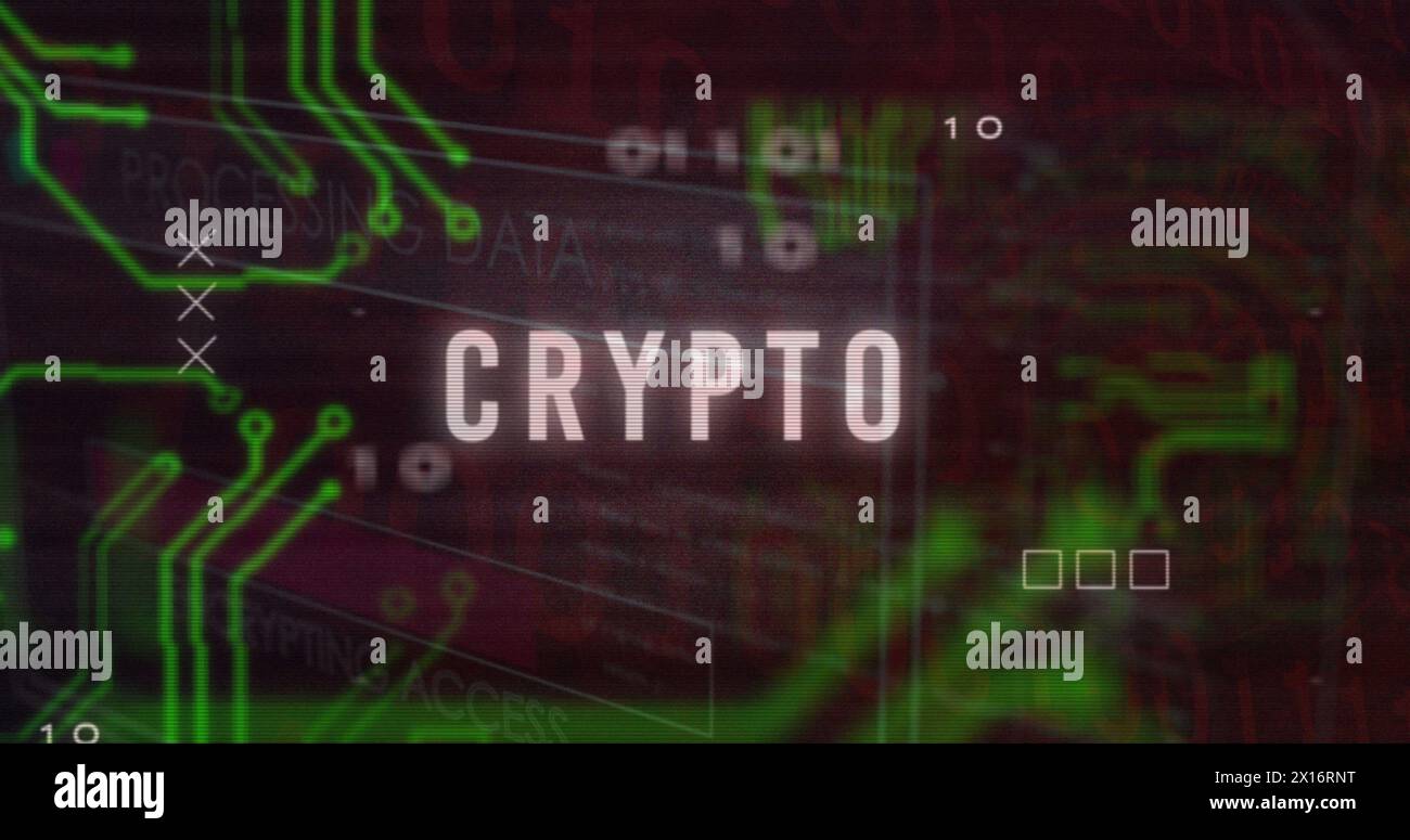 Image of crypto text over motherboard and data processing Stock Photo