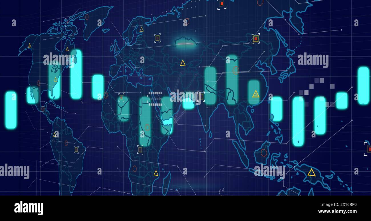 Image of data processing over world map on black background Stock Photo ...