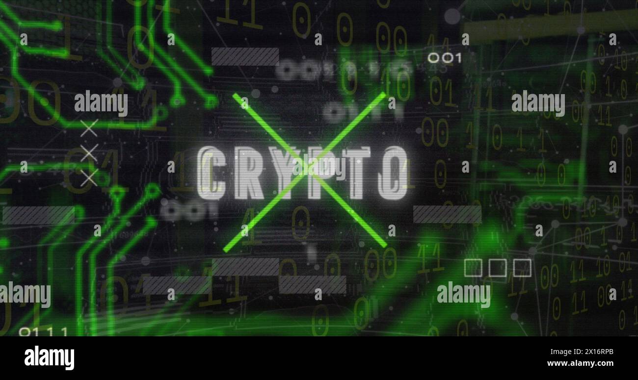 Image of crypto text over motherboard and data processing Stock Photo