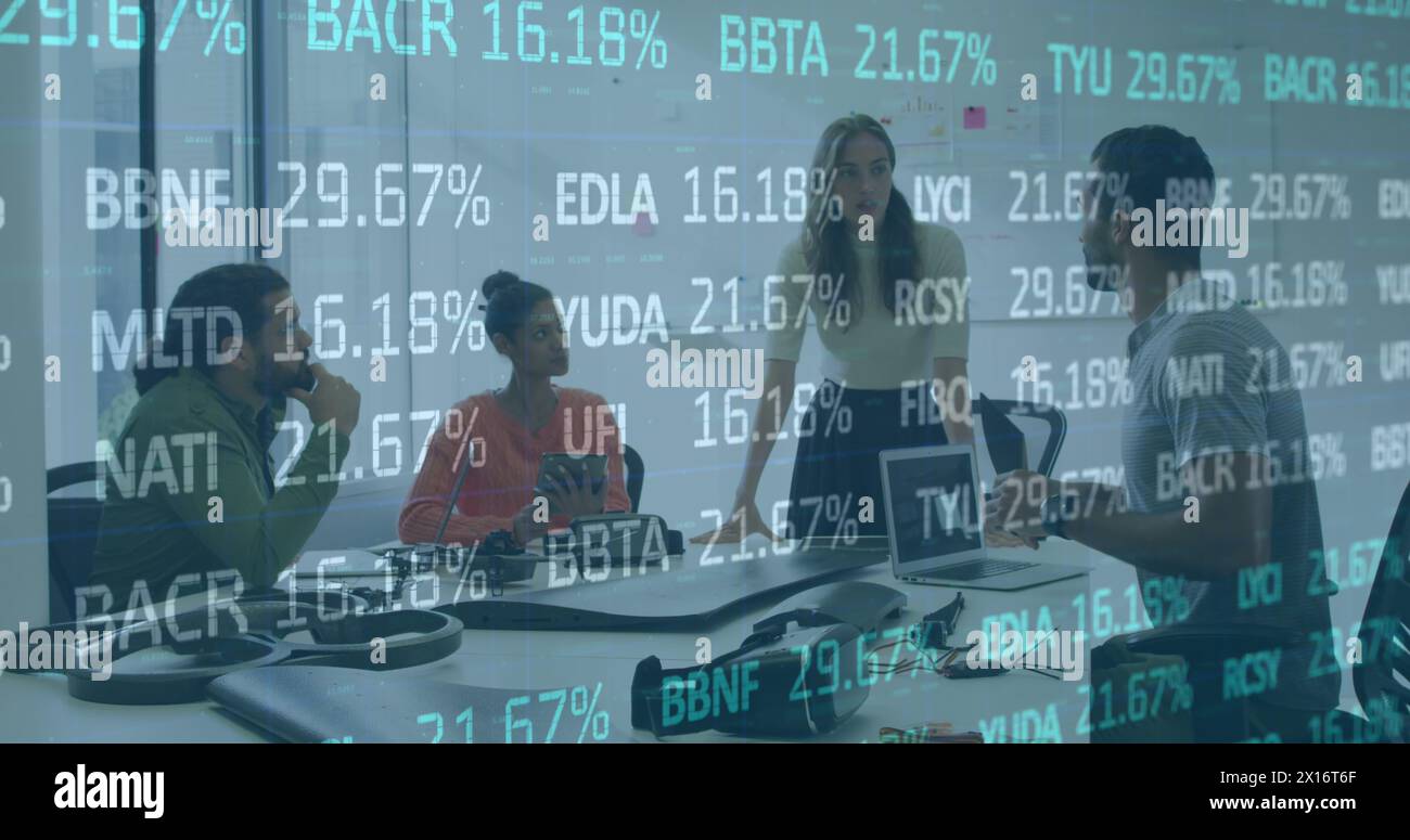 Image of financial data processing over business people Stock Photo