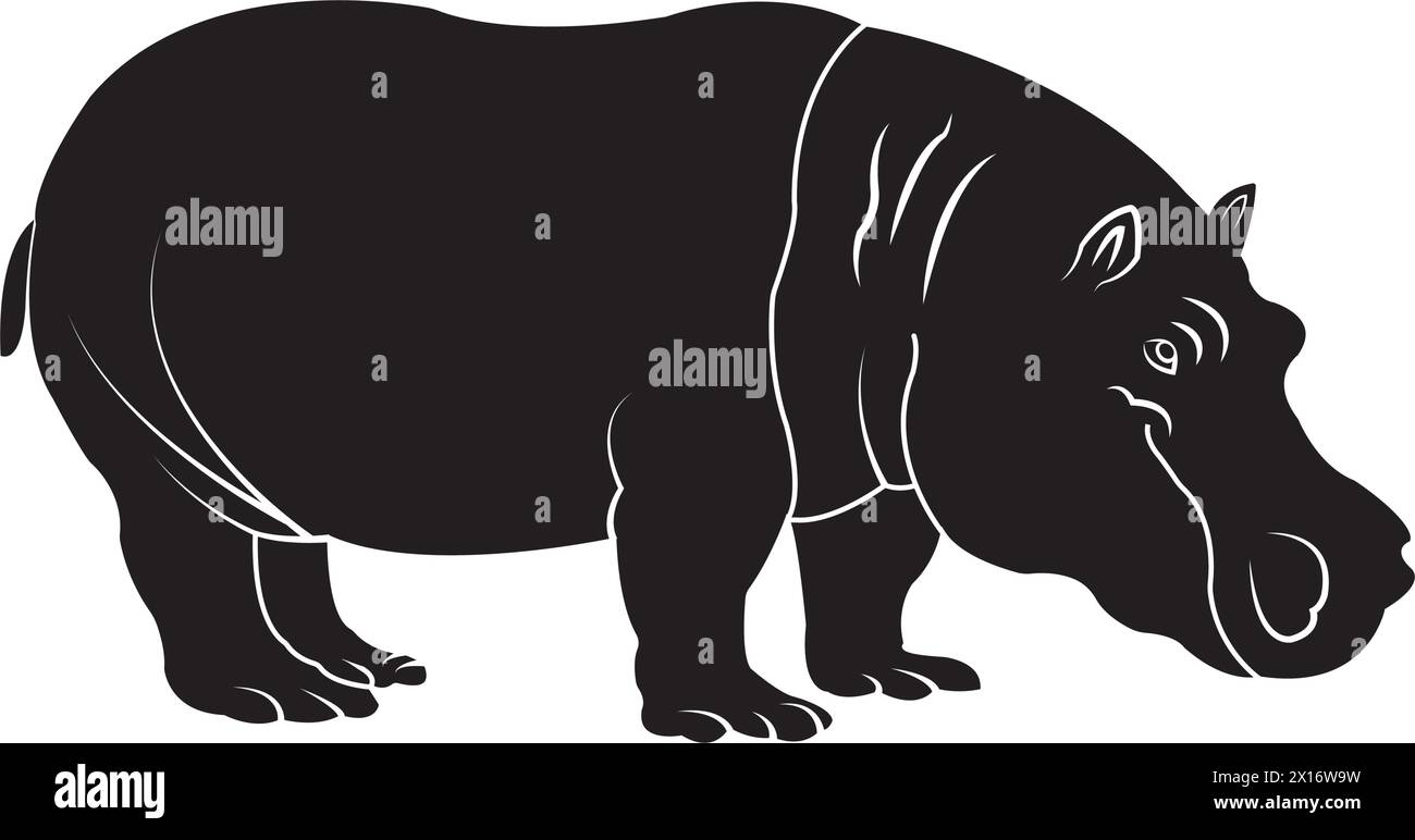 Black and white vector line art cartoon hippo hi-res stock photography ...