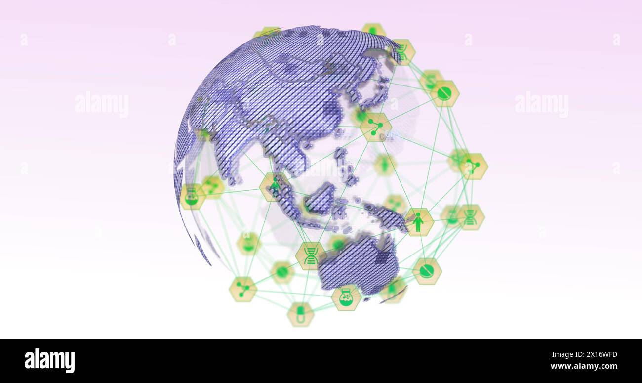 Image of network of digital icons over spinning globe against grey background Stock Photo