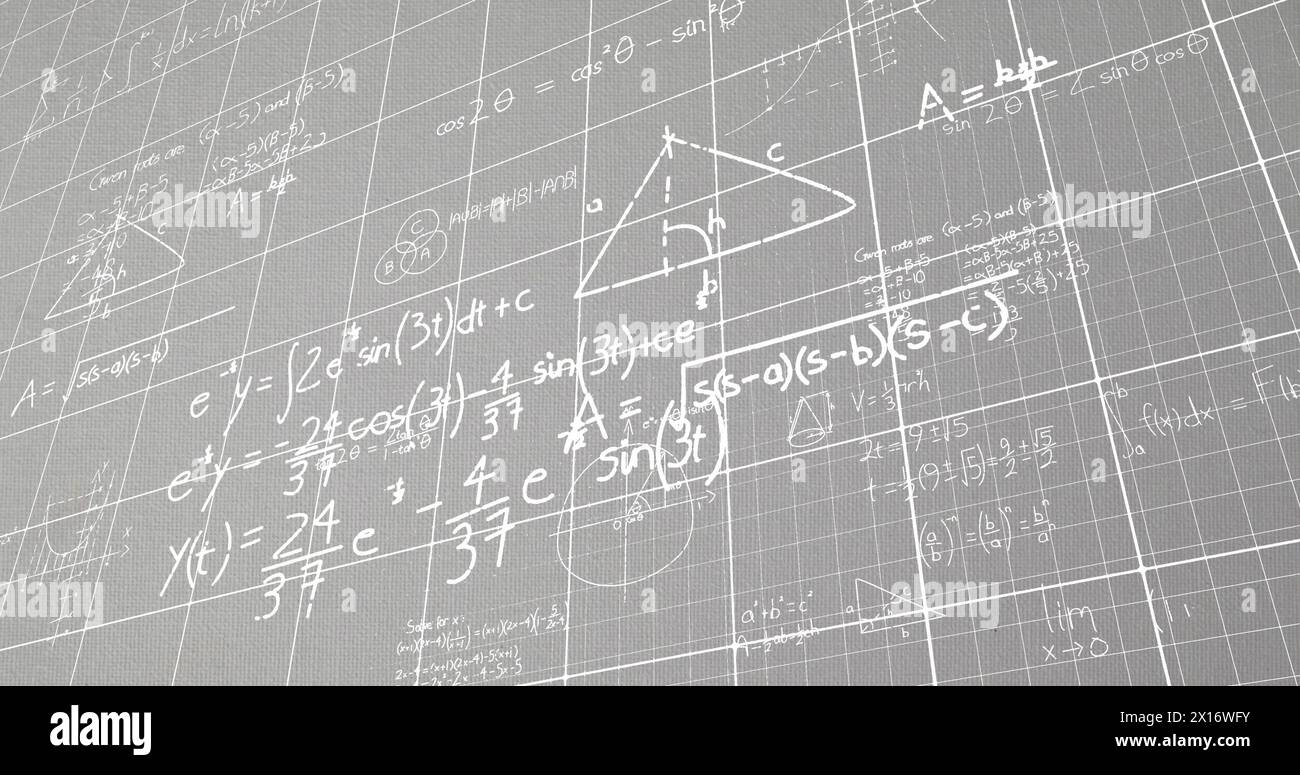 Image of mathematical equations and diagrams over grid pattern against ...