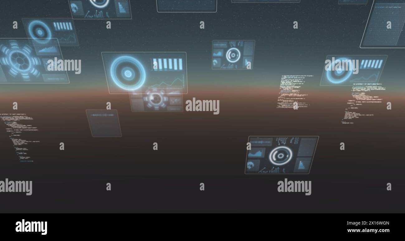 Image of scopes scanning and data processing over screens Stock Photo