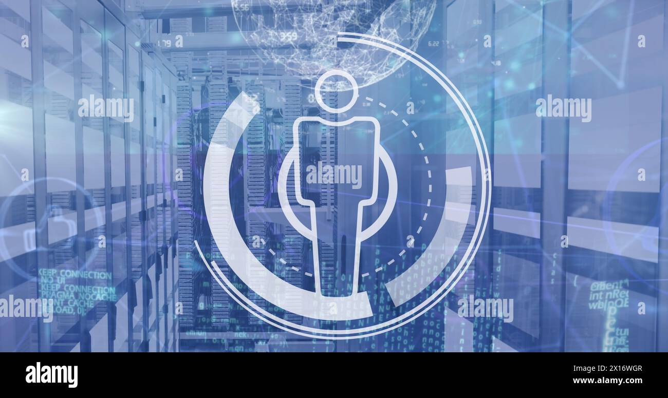 Image of data processing and human icon with scope scanning over server ...