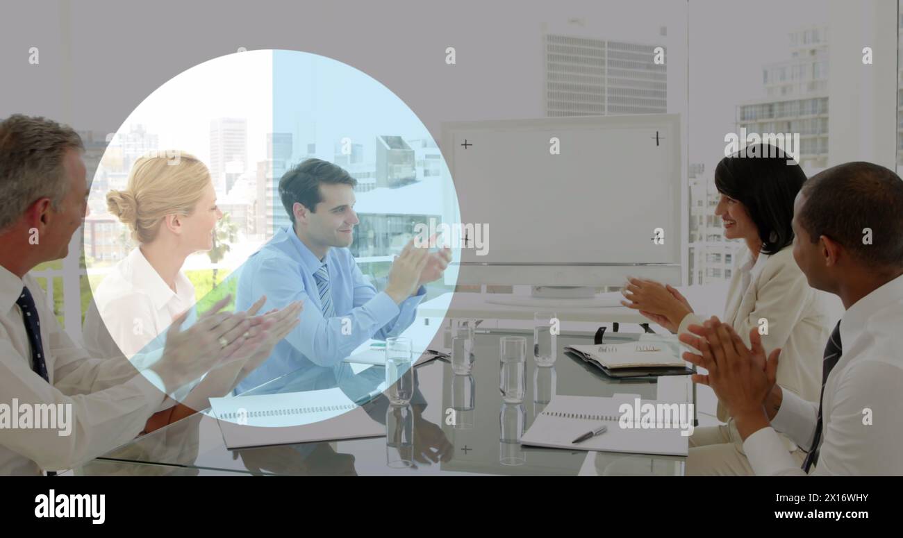 Image of pie chart financial data processing over diverse business people Stock Photo