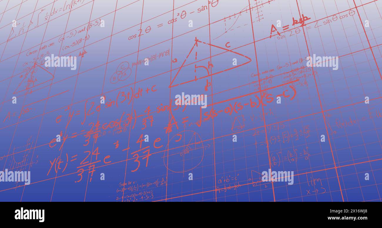 Image of mathematical equations and diagrams floating against blue gradient background Stock Photo