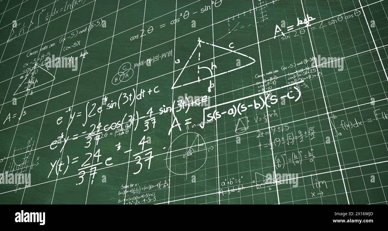 Image of white mathematical equations and diagrams over grid pattern ...