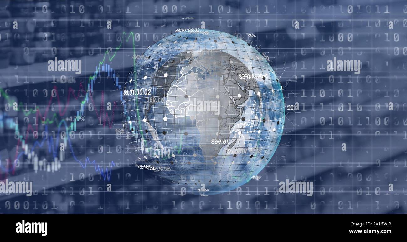 Image of binary coding and financial data processing over spinning globe against blue background Stock Photo