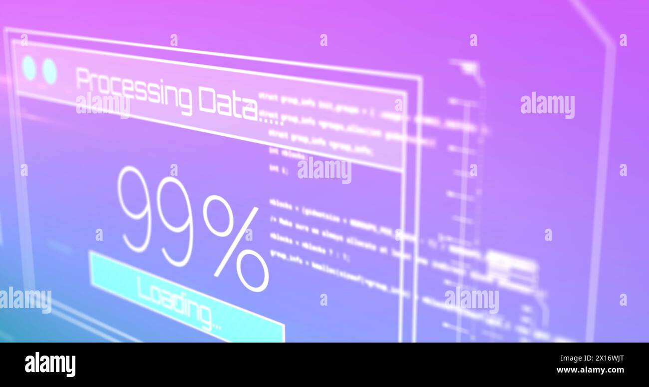 Image of interface with data processing against purple gradient background Stock Photo