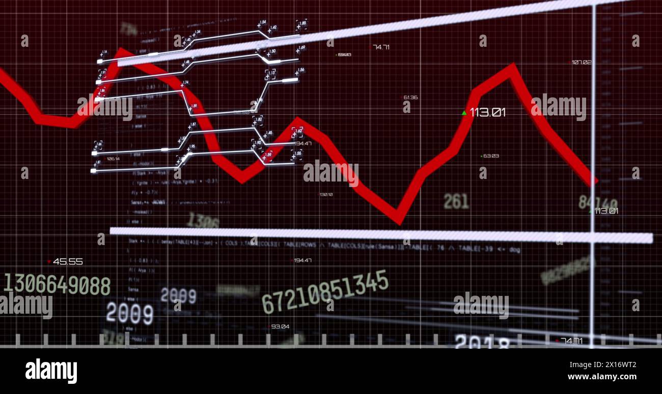 Image of changing numbers and interface with statistical data processing on black background Stock Photo
