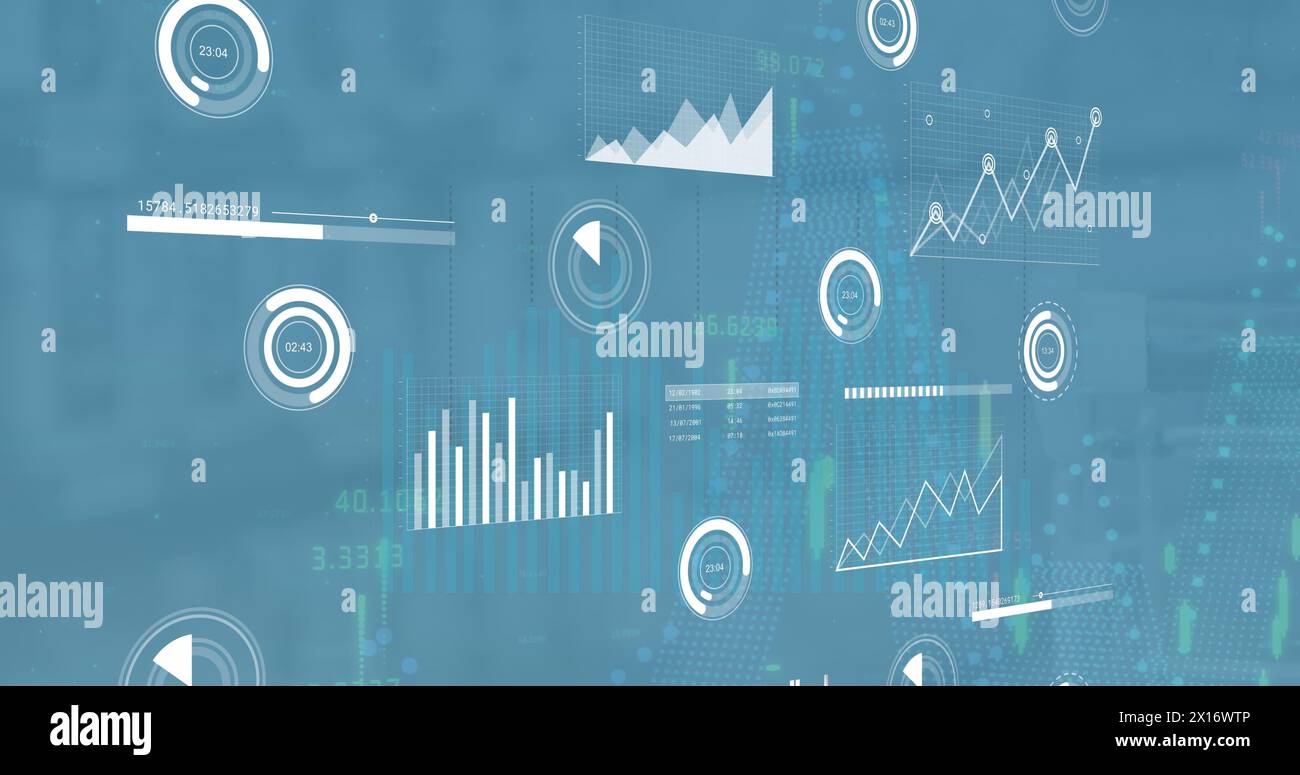 Image of statistics and financial data processing over blue background Stock Photo