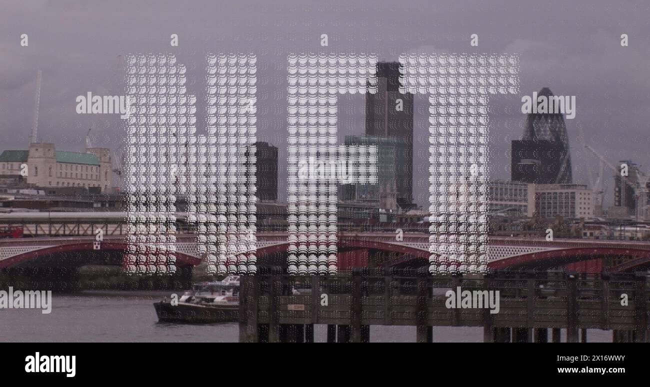 Image of nft text and data processing over london cityscape Stock Photo