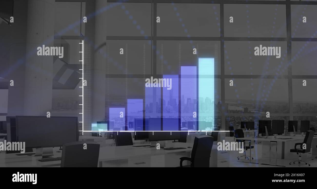 Image of statistics and data processing over office Stock Photo