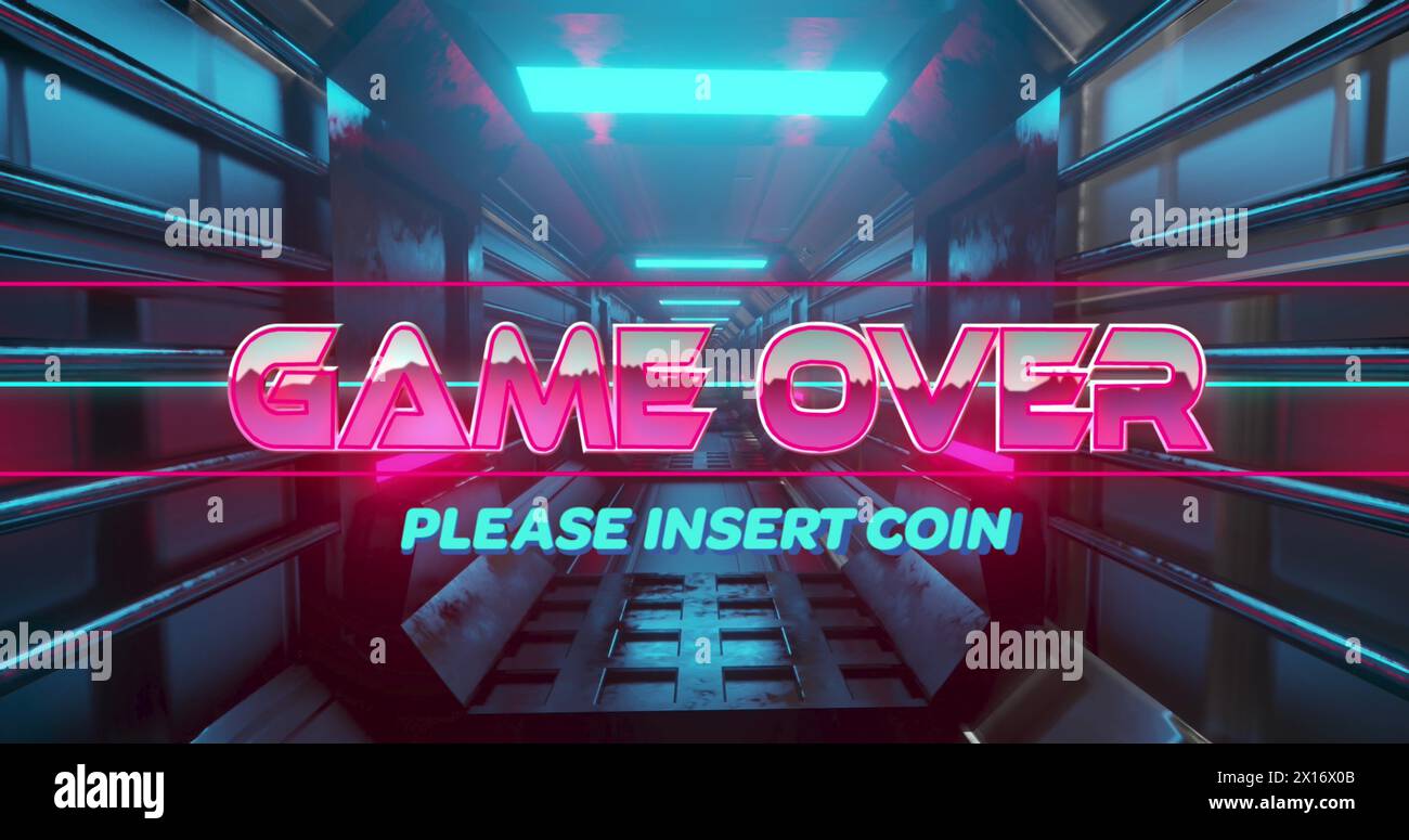Image of illuminated game over and please insert coin text moving in computer equipment Stock Photo