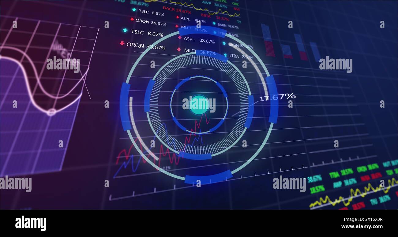 Image of financial data processing and scope scanning over grid Stock Photo
