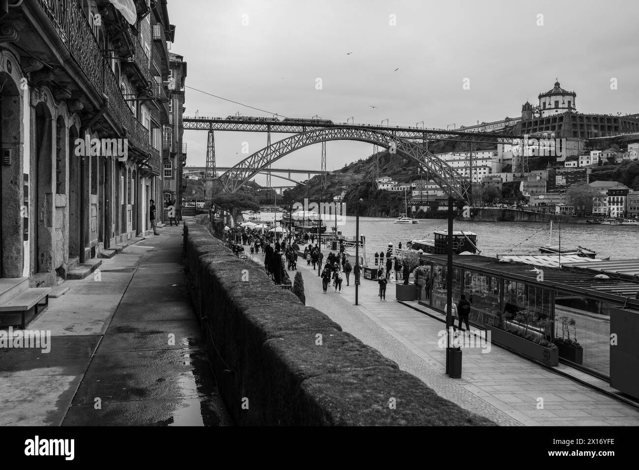 View of the Luis I Bridge, a double-deck metal arch bridge that spans the Douro River between the cities of Porto and Vila Nova de Gaia, April 15, 202 Stock Photo