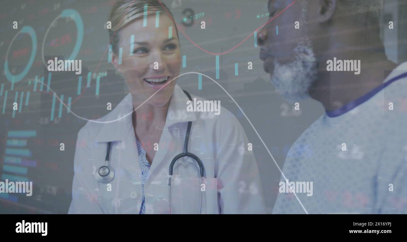 Image of graphs, loading circles and trading board, diverse female doctor talking with patient Stock Photo