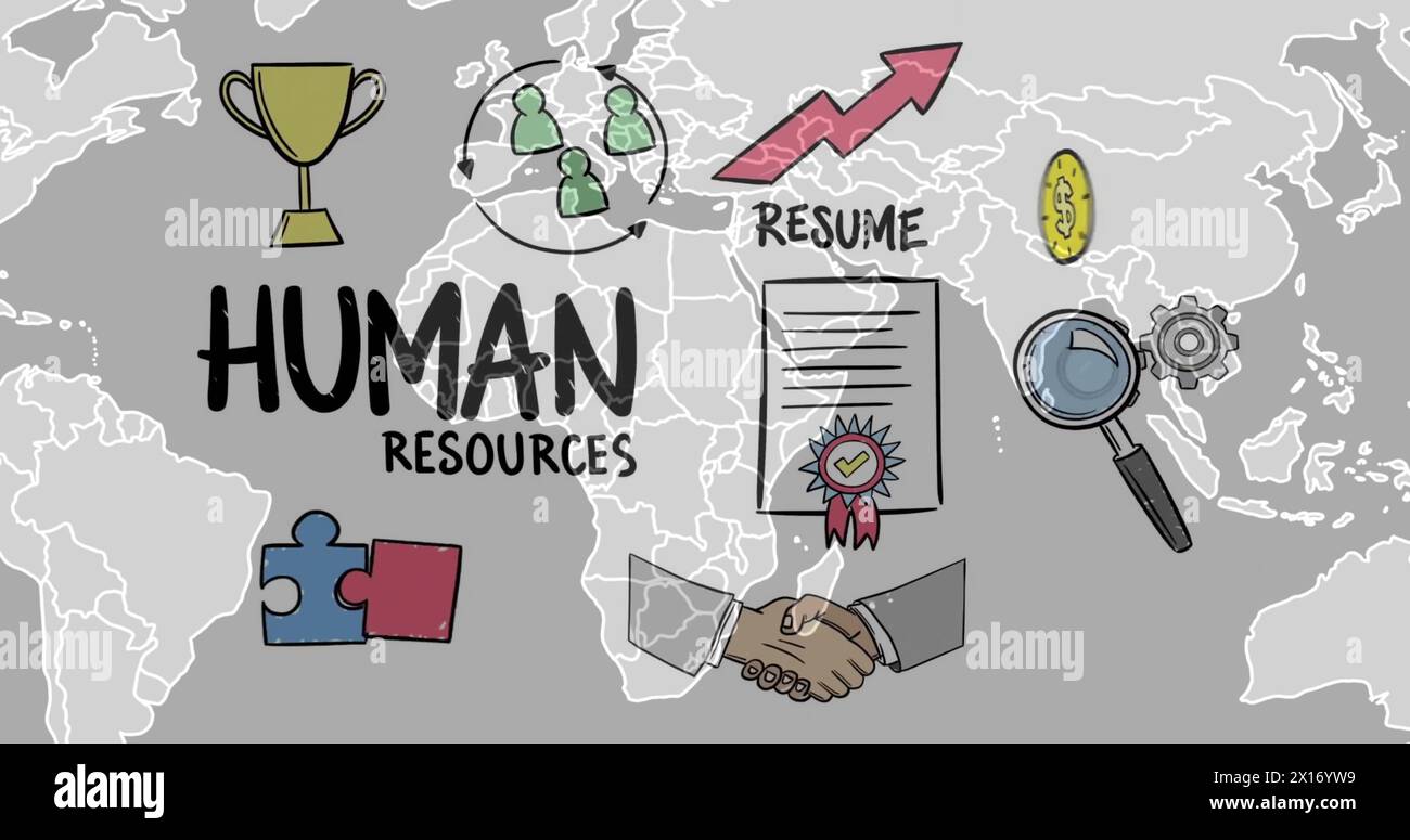 Image of human resources with icons over world map on grey background Stock Photo