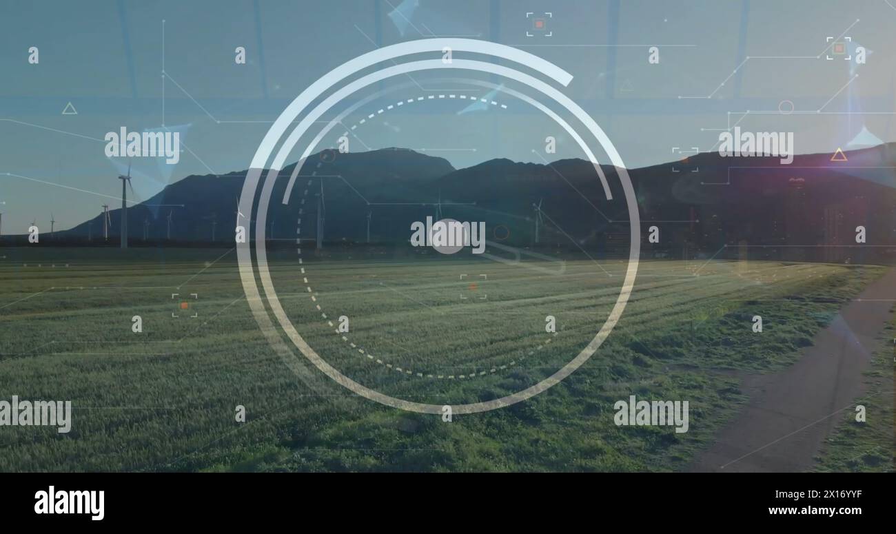 Image of financial data processing over clock and countryside Stock Photo