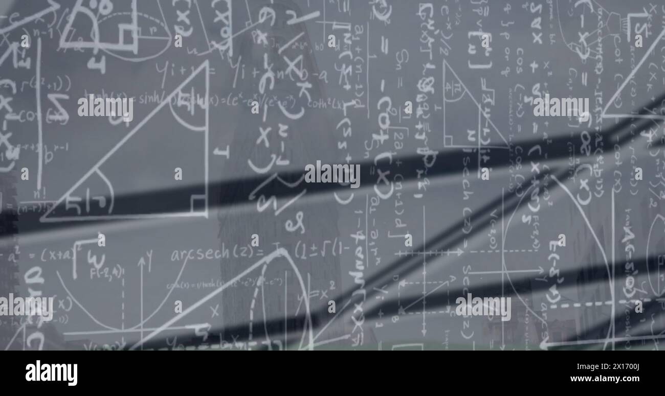 Image of mathematical data processing over grey background Stock Photo