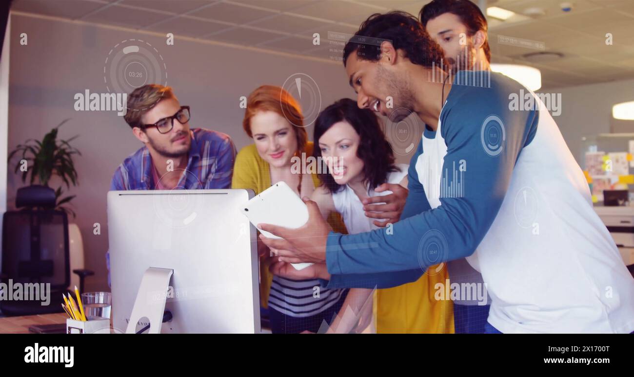 Image of data processing and diagrams over diverse business people discussing work Stock Photo