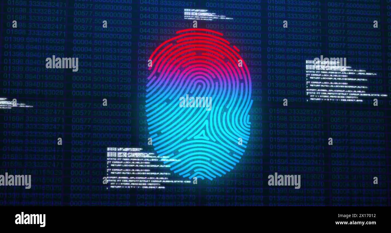 Image of fingerprint and data processing on dark blue background Stock Photo