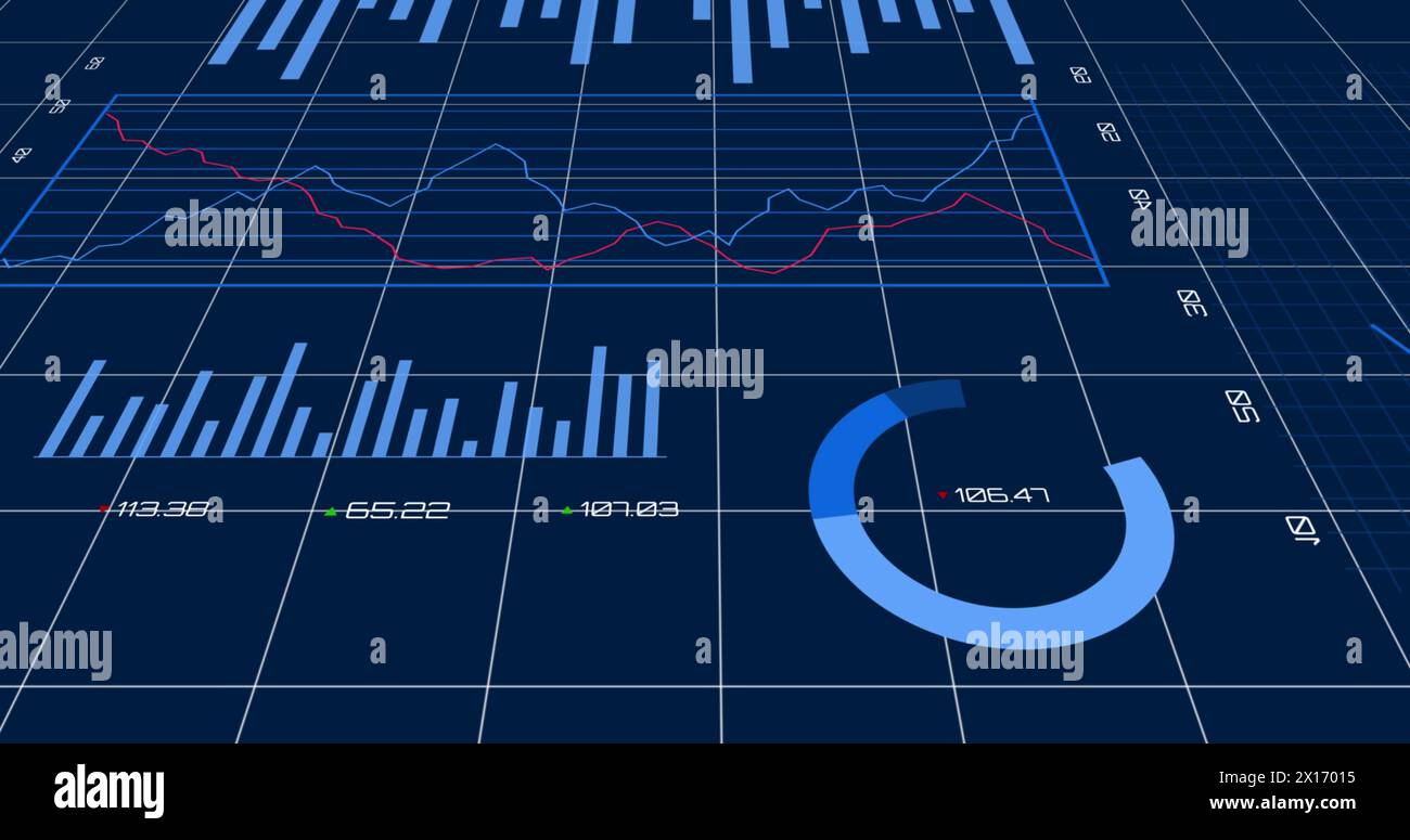 Image of data processing, circles and diagrams on the blue background Stock Photo