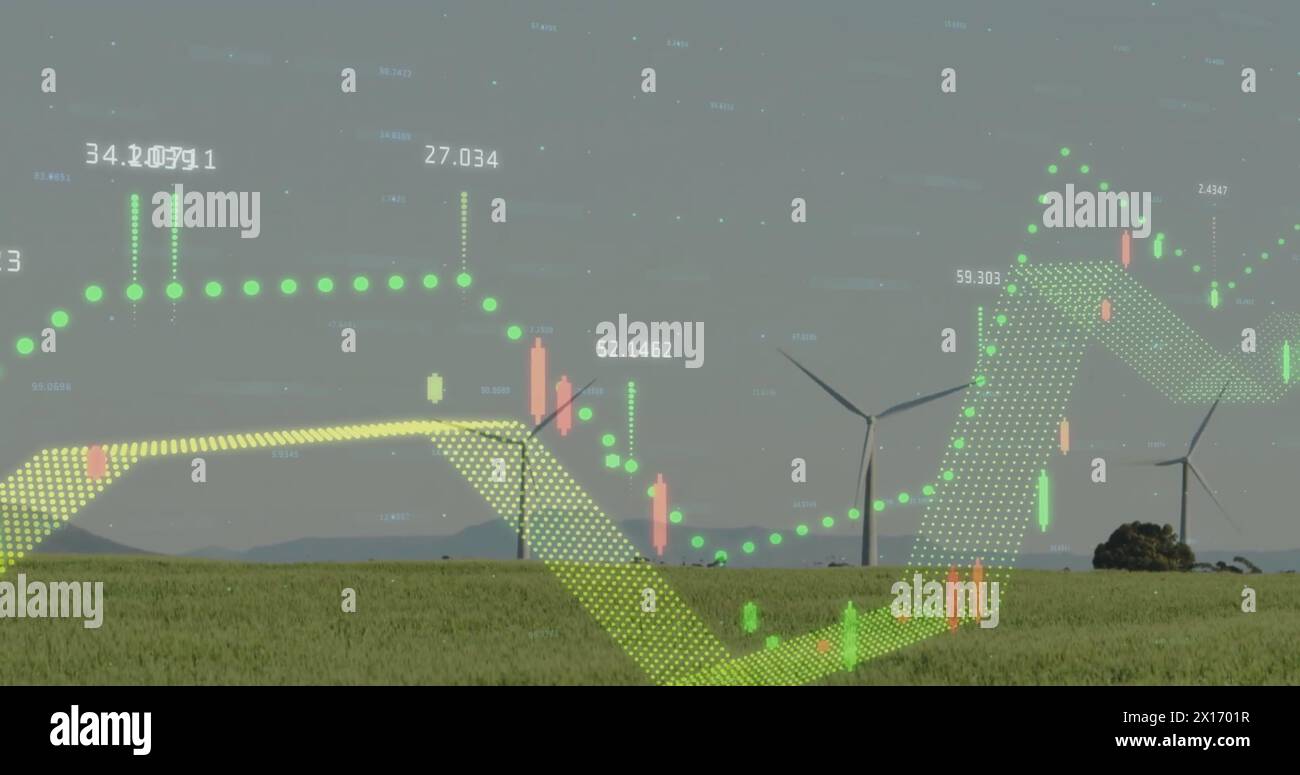 Image of diagrams and data processing over field with wind turbines ...