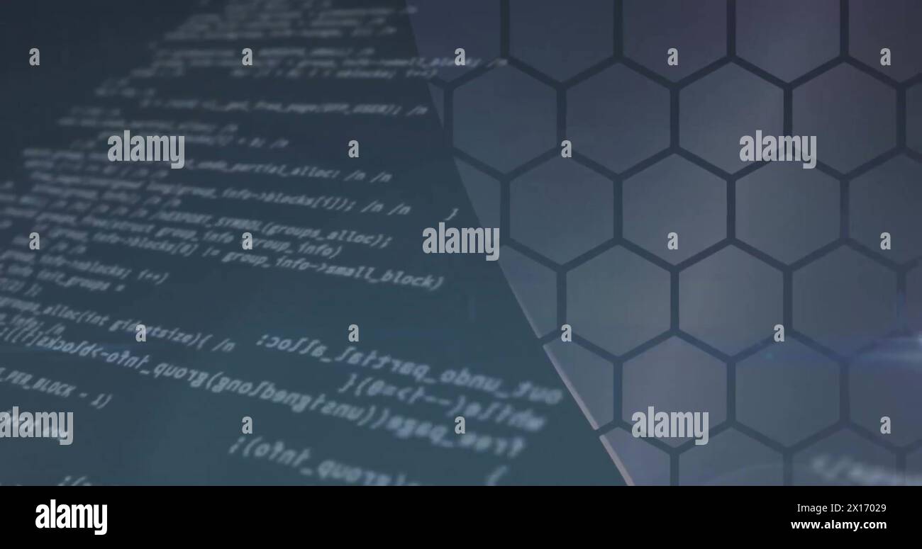 Image of data processing over hexagons on blue background Stock Photo