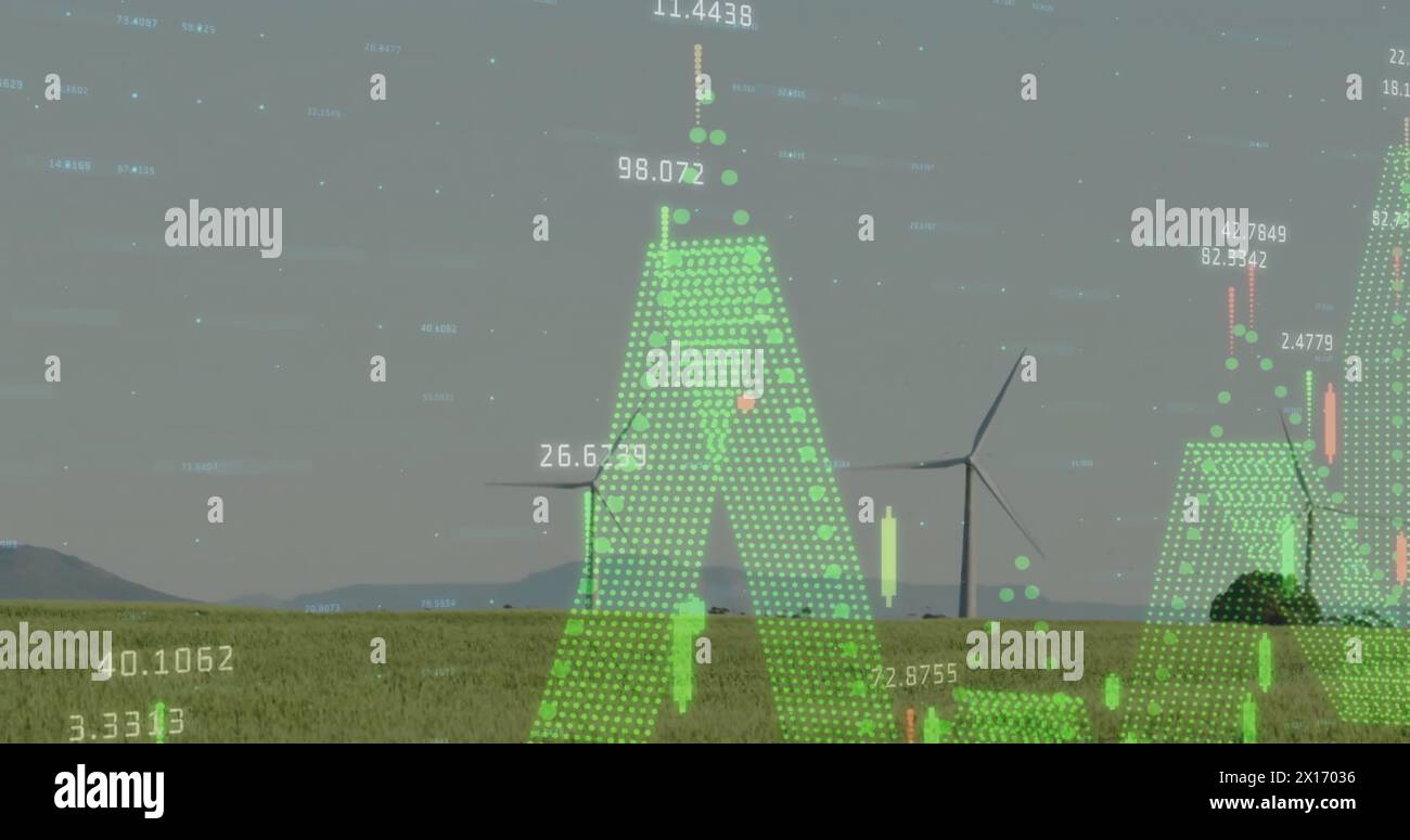Image of diagrams and data processing over field with wind turbines ...