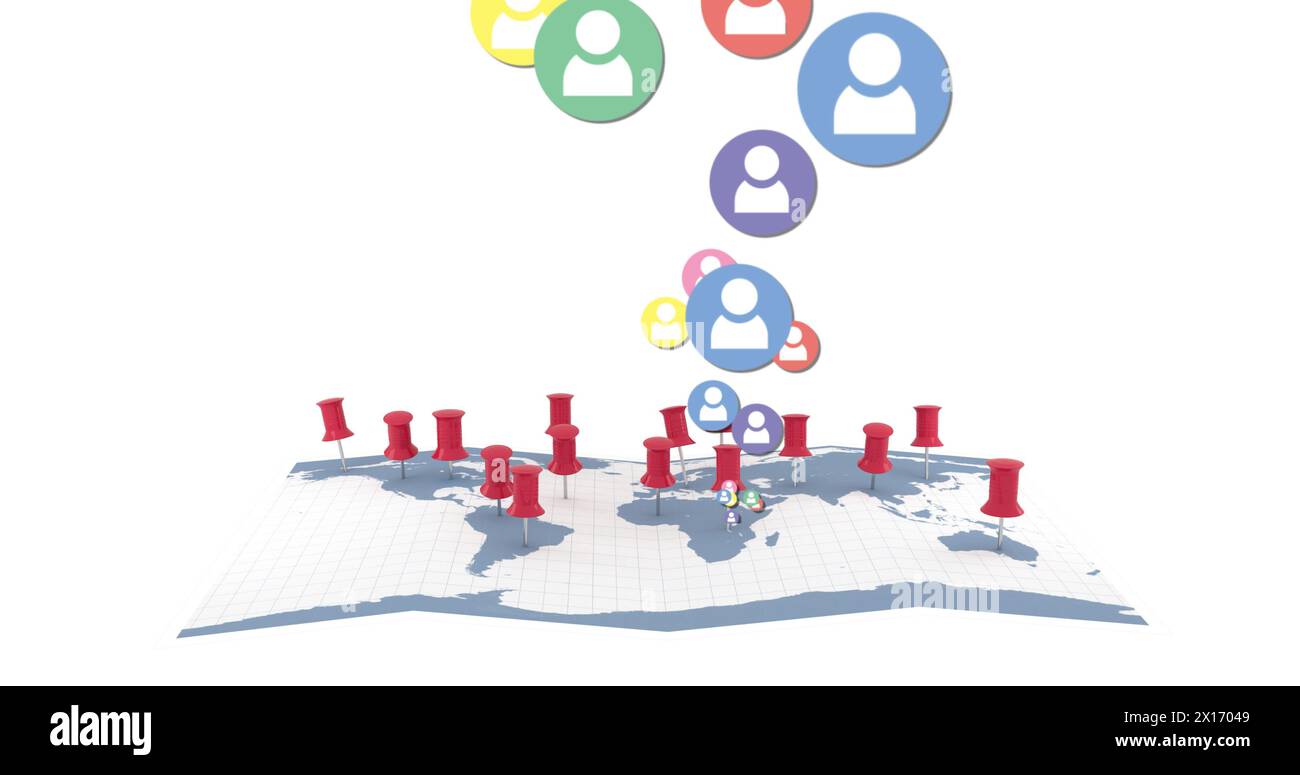 Image of multiple colourful digital - Image Of Multiple Colourful Digital Social Media People Icons Over World Map With Red Location Pins 2X17049 