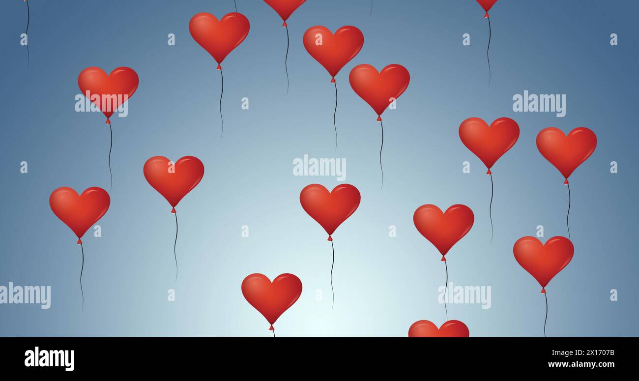 Digital image of multiple red heart shaped balloons floating against ...