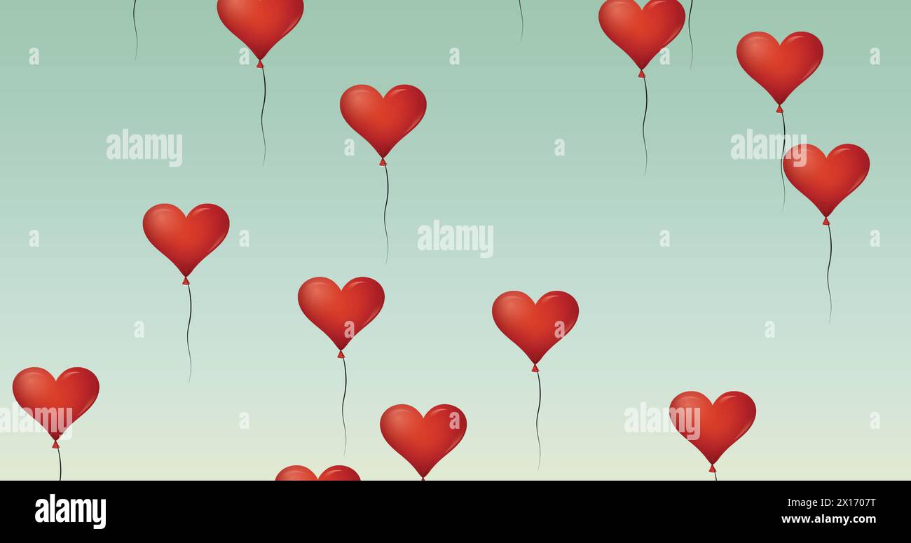Digital image of multiple red heart shaped balloons floating against ...