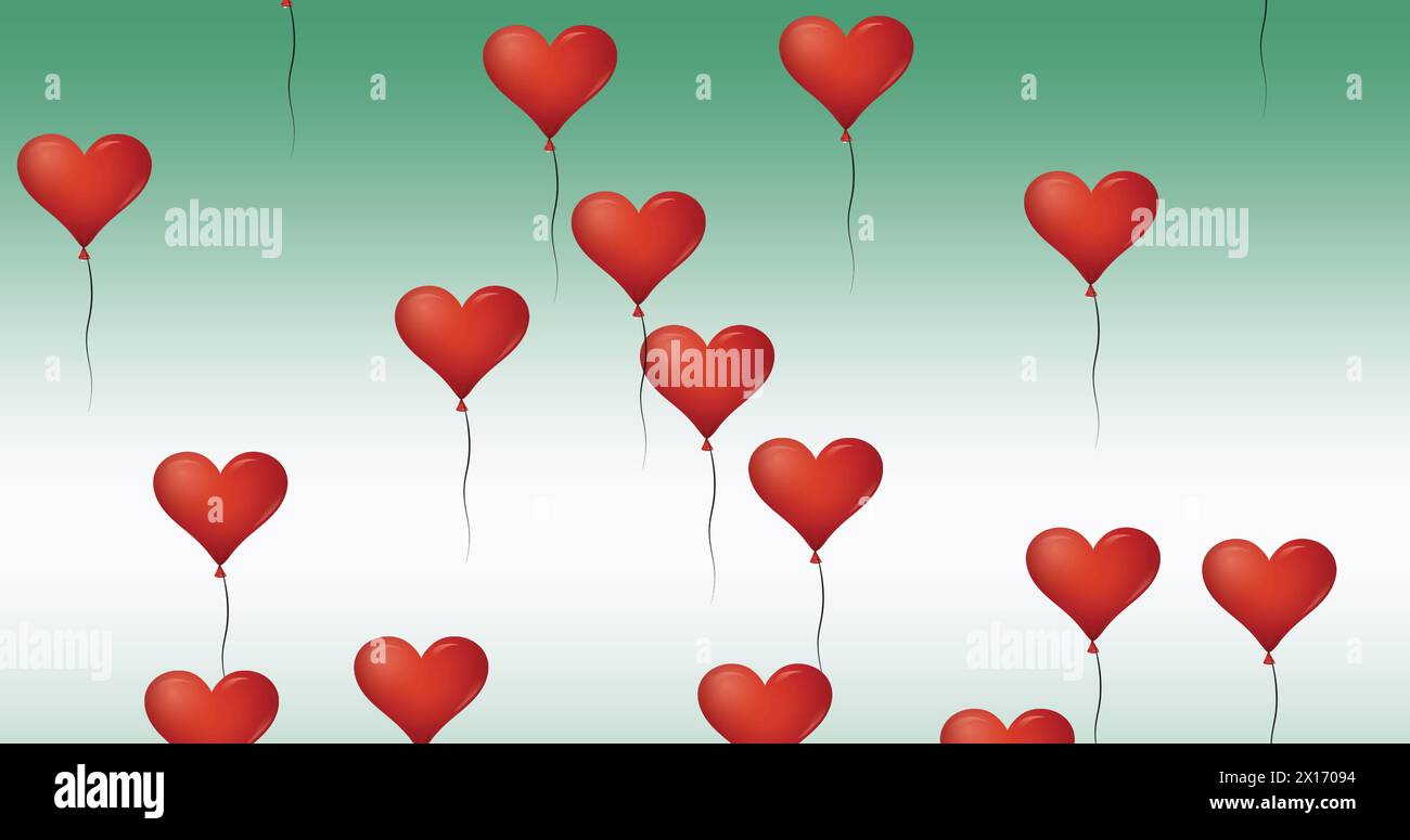Digital image of multiple red heart shaped balloons floating against ...