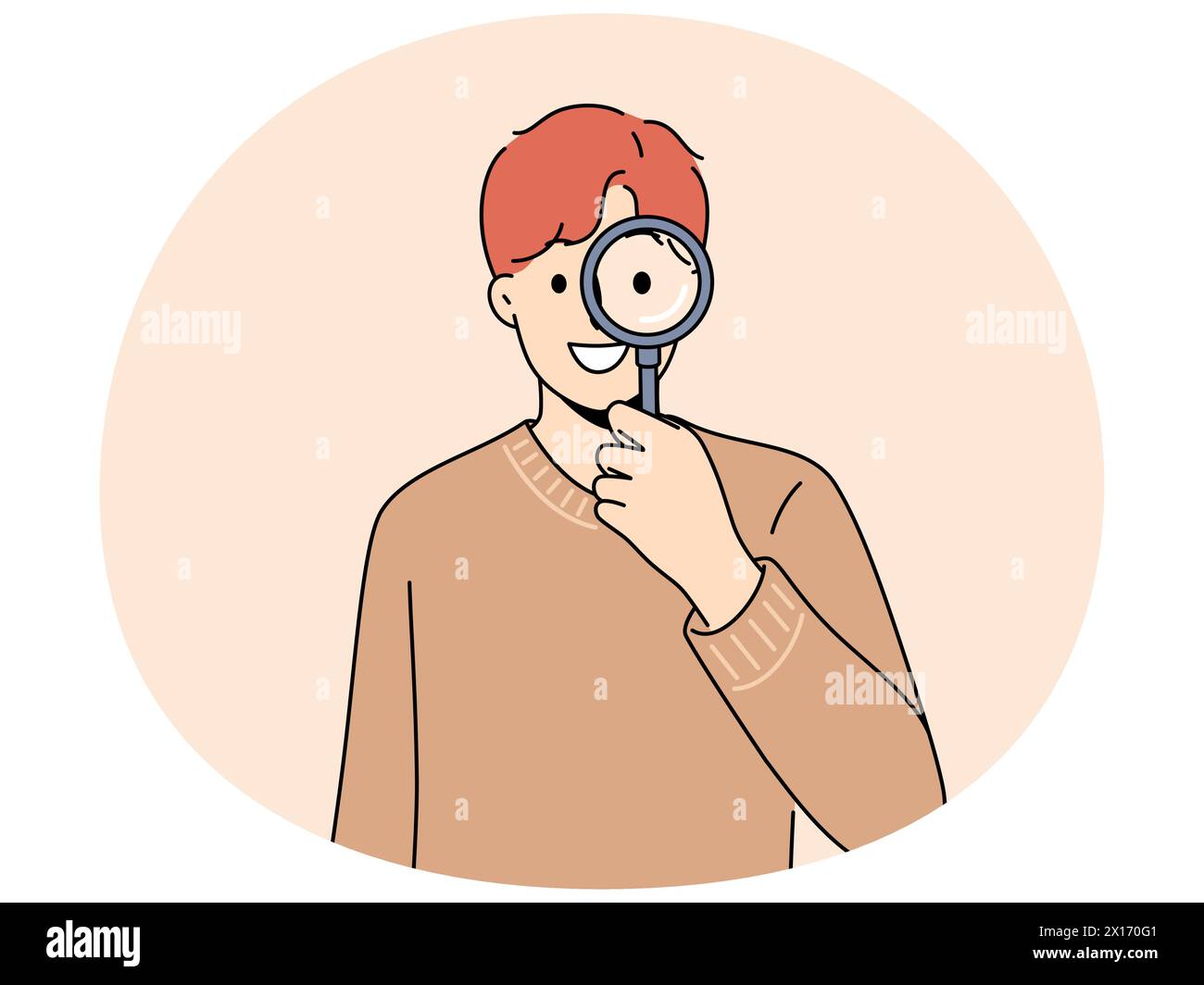 Smiling man with magnifying glass search for information or data. Happy guy with magnifier look for important message doing research. Vector illustration. Stock Vector