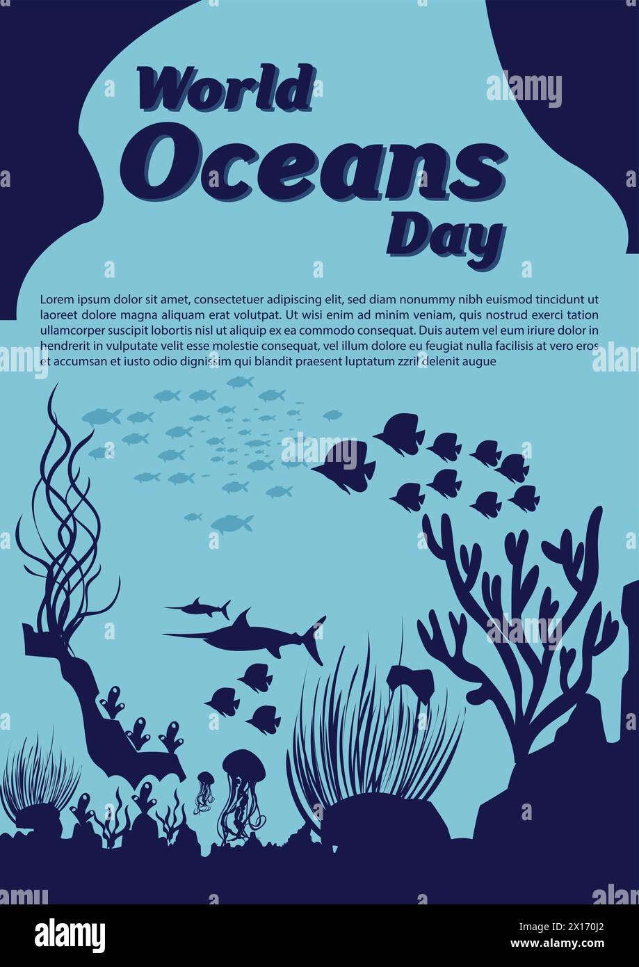 Let's save our oceans. World oceans day design with underwater ocean, dolphin, shark, coral, sea plants, stingray and turtle. Stock Vector