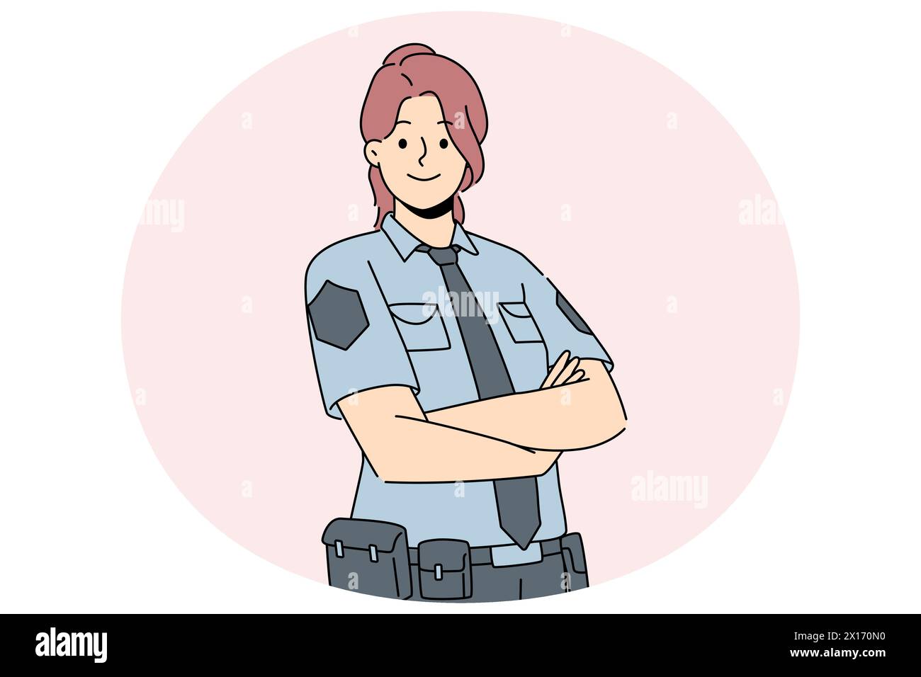 Smiling female police officer in uniform standing with arms crossed. Happy woman guard feeling confident show power and strength. Vector illustration. Stock Vector