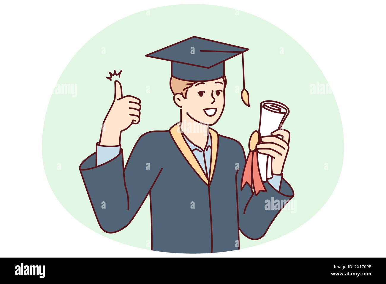 Graduate guy in academic gown and hat holds bundle with diploma and shows thumbs up. University student rejoices in getting quality education in good educational institution Stock Vector