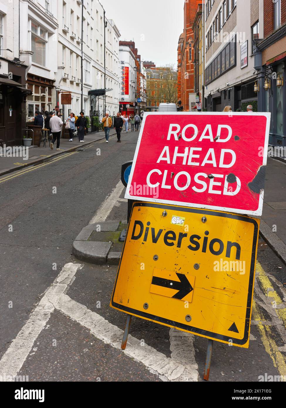 Road Ahead Closed, Soho, London, England. Stock Photo