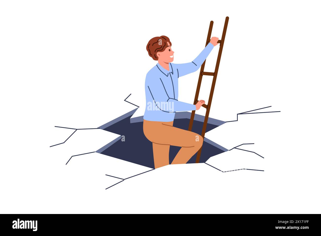 Business man escapes from difficult situation, showing courage and climbing stairs from abyss Stock Vector