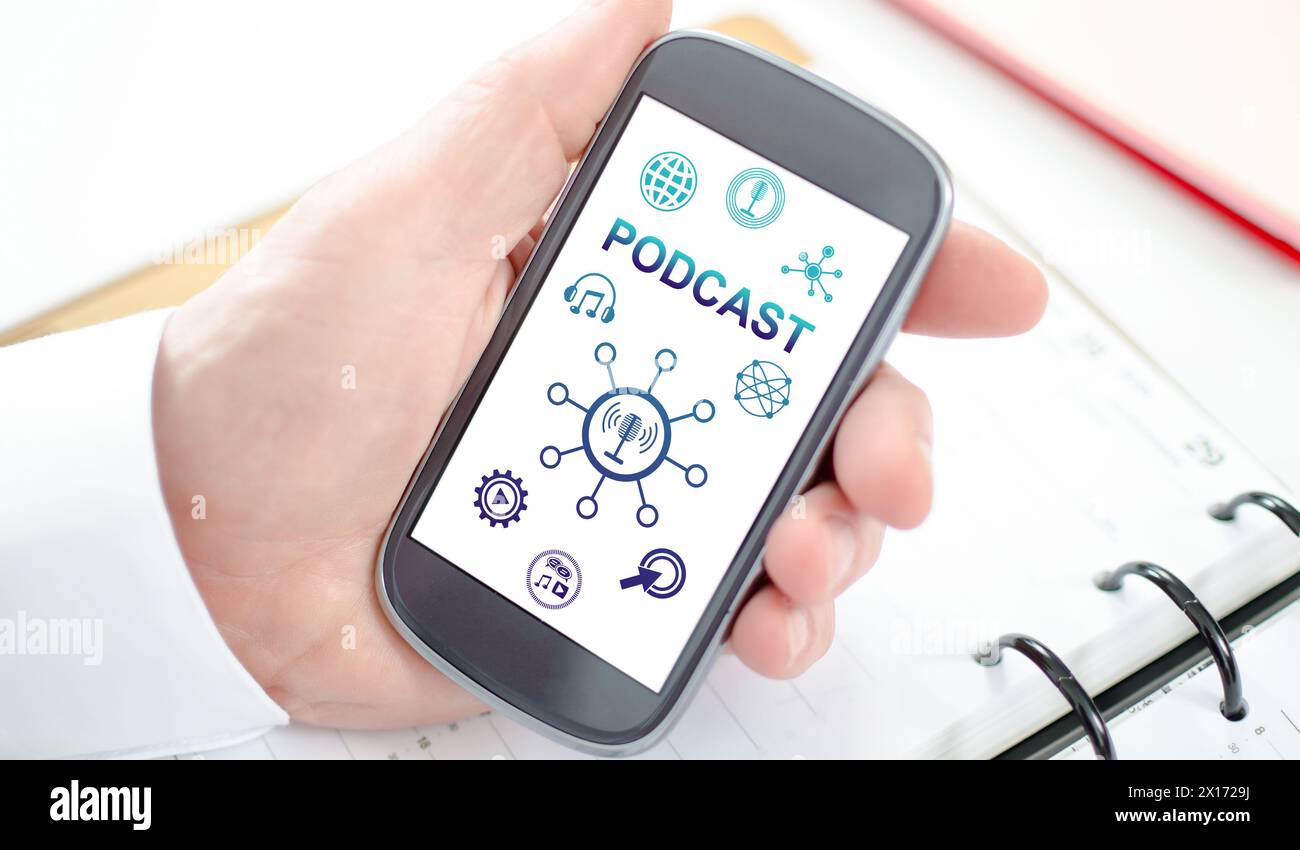 Podcast concept shown on a smartphone screen Stock Photo