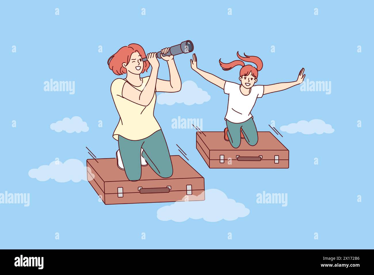 Travel of two women fantasizing about going on vacation by plane, flying on old suitcases in sky. Dream of travel by mother with telescope and daughter imagining beginning of summer weekend Stock Vector