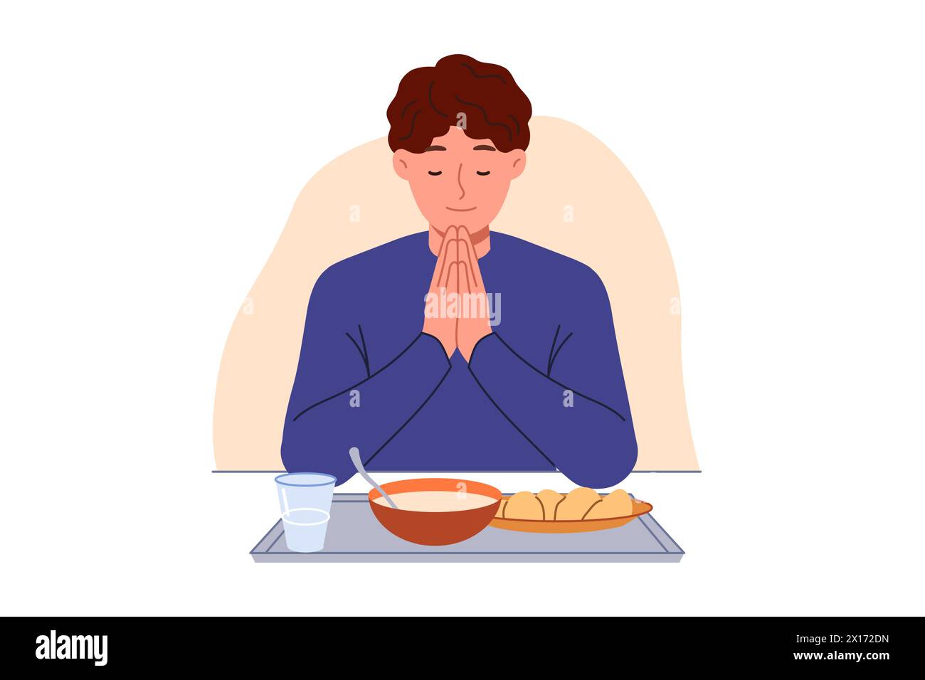 Man prays sitting at table with food, observing christian tradition and expressing gratitude to god Stock Vector