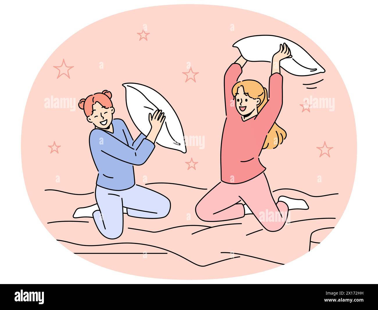 Smiling girls have fun engaged in pillow fight in bedroom. Happy children enjoy pajama party in bed at home. Vector illustration. Stock Vector