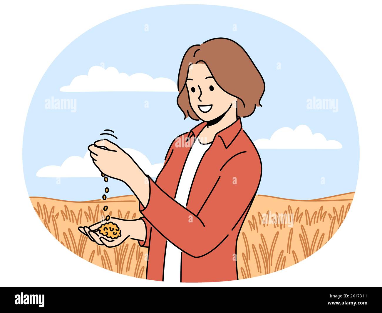 Female farmer inspect crop in agriculture field. Agronomist look at harvest soybeans in plantation. Farming and agronomy. Vector illustration. Stock Vector
