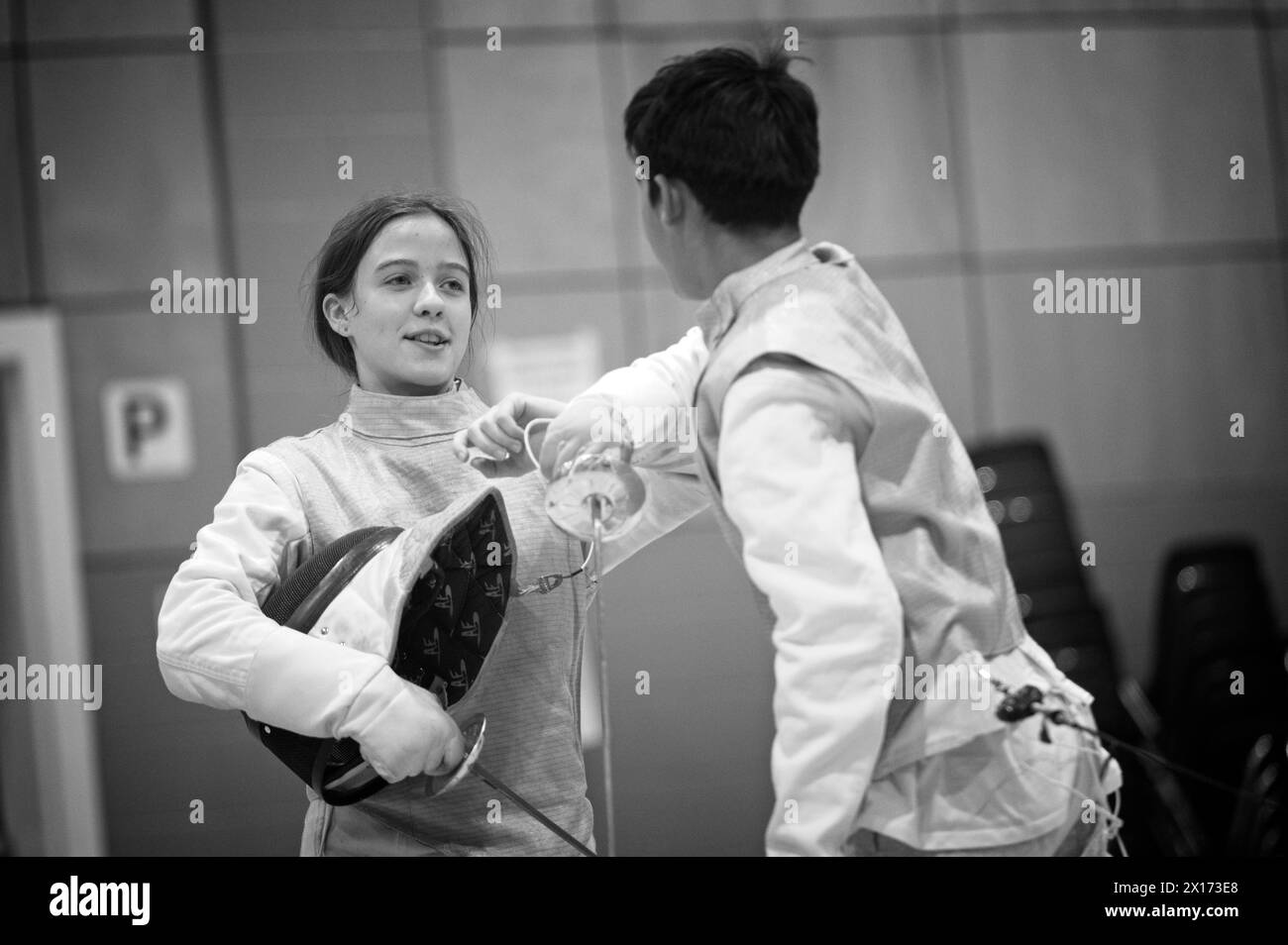 UNITED STATES: 04-12-2024: Out of Nowhere Fencing, offers instruction in the sport of fencing for all levels under the watchful eye of coach David Cop Stock Photo
