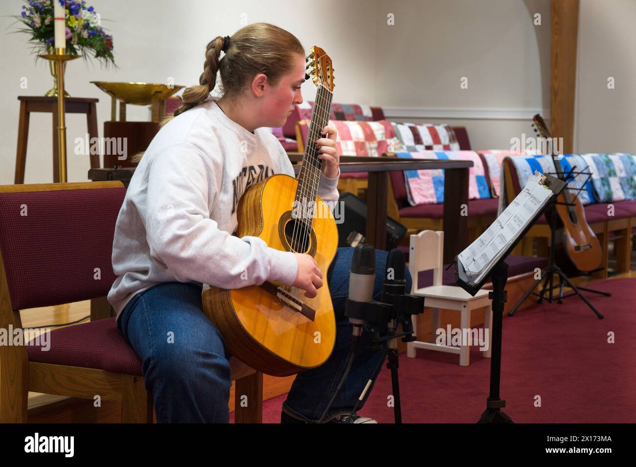 USA; 04/13/2024:  The McCullough School of Guitar and also Guitar Studio of Aaron Funk during a Spring Recital at St Andrews Lutheran Church in Center Stock Photo